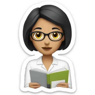 white woman with short black hair writing  a notebook sticker