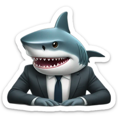 A shark sitting at a table wearing a suit looking straight ahead sticker