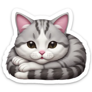grey and white small cat with its eyes closed lying down with its head resting own paw sticker