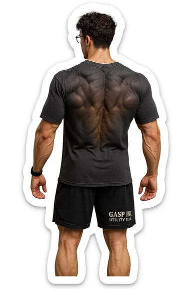 lascia questo ragazzo identico ma fallo in piedi di spalle con fasci muscolari della schiena contratti, senza macchinari, solo la sua figura, iperealistico 4k sticker