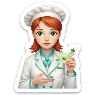 Redhead girl Chef with green eyes wearing a white coat with aqua trim drinking a martini sticker