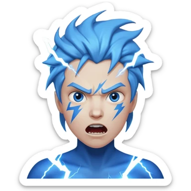 Rayos, centellas y estrellas en una cara color azul con expresiones de furia sticker