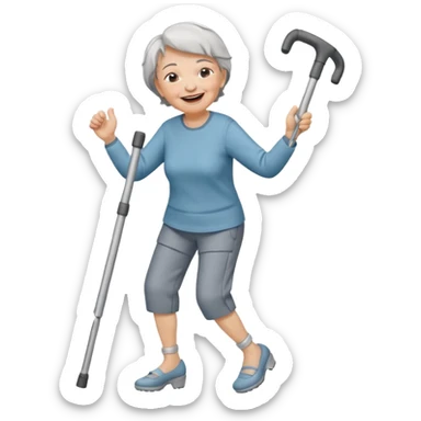 elderly woman with pants, short grey hair, laughing and dancing th crutches                    and with a sorry look sticker