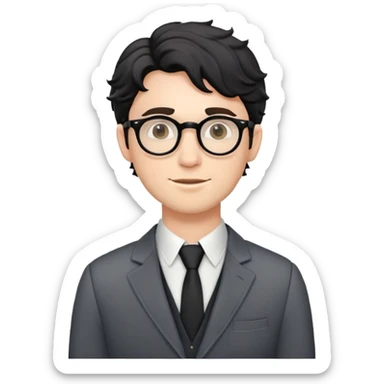 Young caucasian man with black wavy hair, round glasses, semi-formal theater outfit with blazer and collared shirt sticker