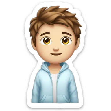 Little kid with a blue eyes and brown hair good one .. Little bit fat... White.. Blue pijama with a jacket sticker