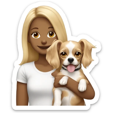 Blonde girl holding Tan and white chihuahua cocker spaniel mix happy, shorter ears sticker
