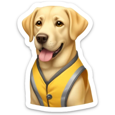 yellow lab dog wearing a vest sticker