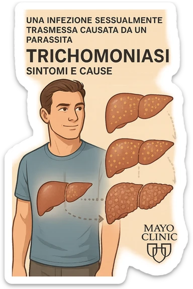 "Healthy-looking man unaware that liver disease develops slowly with most people having no symptoms until late stage A sexually transmitted infection caused by a parasite-Trichomoniasis - Symptoms & causes - Mayo Clinic, expression of false confidence in his health, transparent liver overlay showing progressive damage despite feeling normal, time-lapse visualization of gradual liver deterioration in italiano sticker