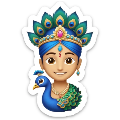 Create a cute and divine emoji of Khatu Shyam Ji with a charming smile, glowing aura around the head, traditional Rajasthani attire, peacock feather on the crown, tilak on the forehead, holding a lotus flower, with a soft golden background and spiritual energy radiating from the emoji face." sticker
