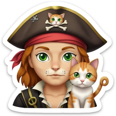 pirate with a cat face and the cat has green eyes and the cat is white sticker