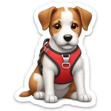 A dog with red harness sticker