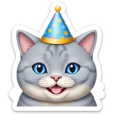 Happy British shorthair blue cat with a big smile wearing a colorful birthday hat sticker