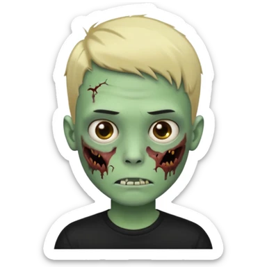 Faça um emoji de um garoto zumbi de cabelos pretos curtos com mechas loiras e com uma camisa preta de mangas compridas. sticker