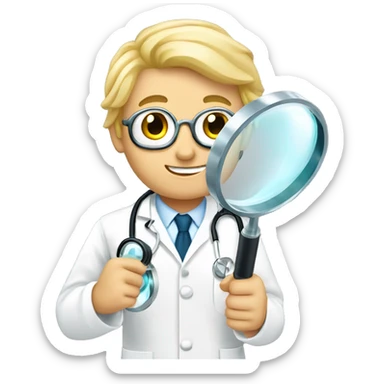 blonde doctor boy holding magnify glass in hands sticker