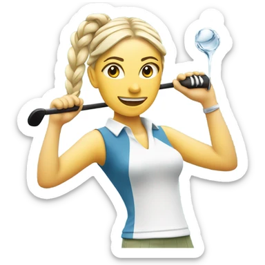 Female golfer with blonde hair and braids, swinging a driver off the tea box with water in the background sticker