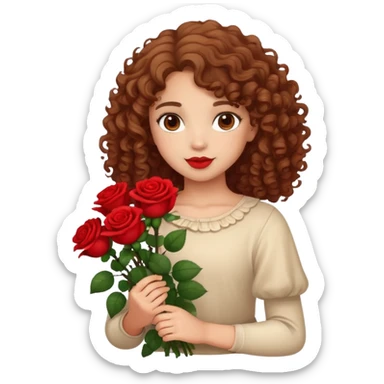 lightskin girl with curly hair holding red flowers sticker