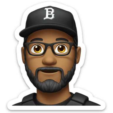 white man with glasses and black beard with a baseball hat backwards and a black t shirt sticker