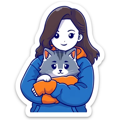 Brunette girl with dark blue sweatshirt cuddling a fluffy grey Siberian cat, detailed illustration sticker