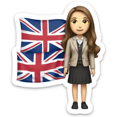 English teacher female with long brown hair and Britain flag sticker