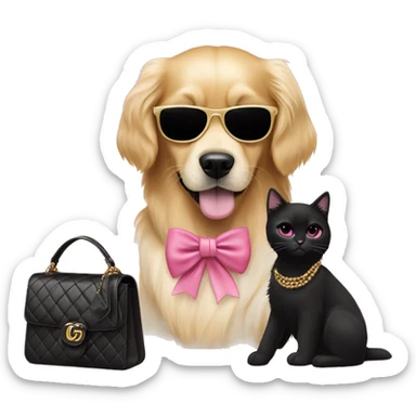 Cute golden retriever with pink bow and Chanel purse and a black cat wearing Gucci with sunglasses on sticker