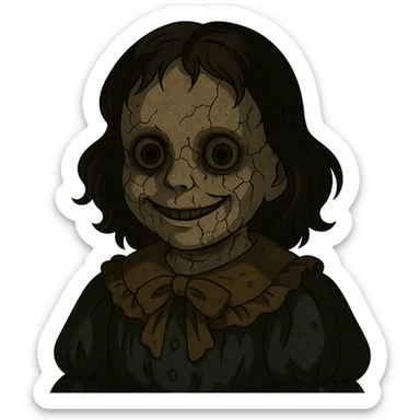 creepy doll with cracked porcelain face, unsettling smile, dim lighting, horror vibe sticker