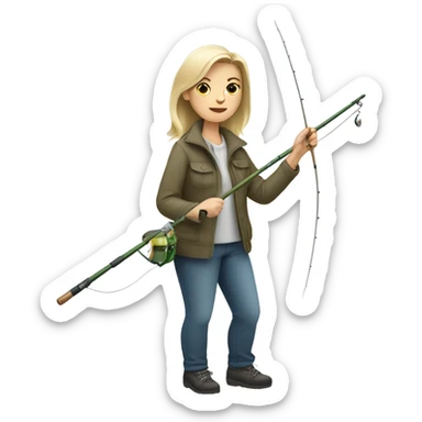 White Skin colored woman fishing, holding a fish and a fishing rod sticker