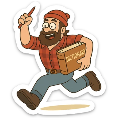 colorful and playful style lumberjack in action, running with a large dictionary under his arm and waving a red pen sticker
