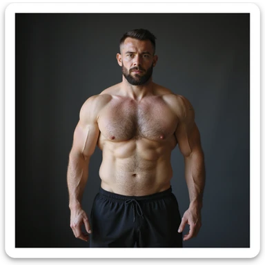 realistic 4K photo of a crossfit male athlete with muscular mass covered by fat, slightly undefined abdomen, neutral expression, natural lighting, gym background sticker