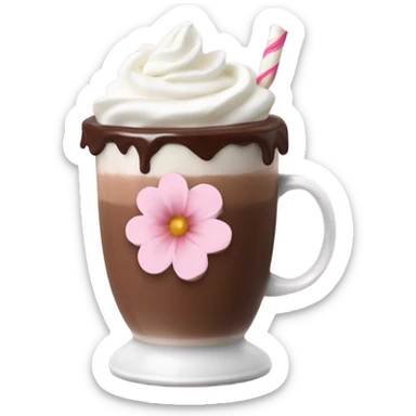 Hot chocolate with pale pink flower and whipped cream sticker