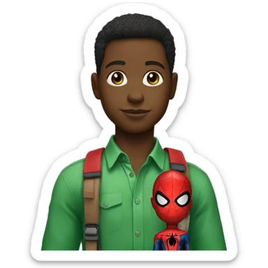 Boy wearing a green blouse with a J on his blouse with a spider man doll on his shoulder  sticker