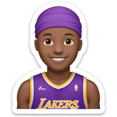 ["Black male, shaved head, wearing a purple Lakers jersey with headband."] sticker