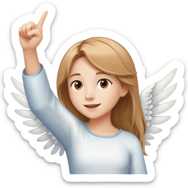 girl with light brown shoulder-length hair and white wings joyfully pointing to the sky sticker