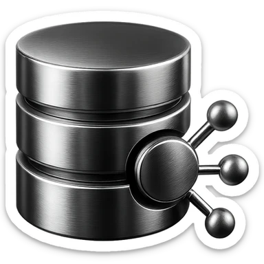 chrome database cylinder with network nodes, representing efficient and scalable database solutions, sleek, modern sticker