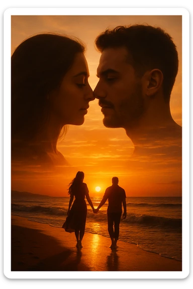 Una doppia esposizione cinematografica di noi di profilo, con un paesaggio di spiaggia al tramonto integrato nella silhouette.
La scena interna ci mostra entrambi camminare sulla sabbia bagnata, tenendoci per mano, con le onde del mare che si infrangono è facile e un cielo colorato dagli ultimi raggi di sole. Atmosfera calda e intima, toni dorati arancioni, dettagli fini ed espressivi, risoluzione 8K. sticker