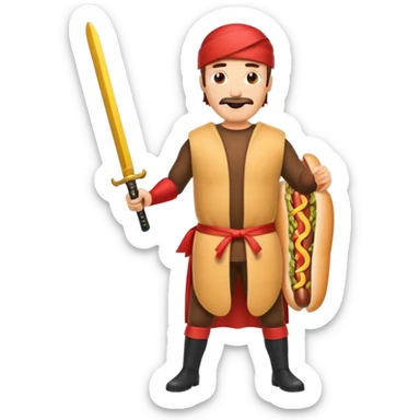 Middle aged attractive man wearing a hot dog costume wielding a katana sticker