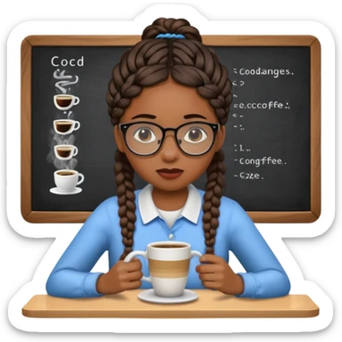 Make a black female software engineer with glasses  and braids coding, crying and drinking coffee sticker