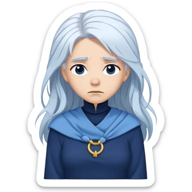 A woman with white hair. Sky-blue skin tone. And sad. Wearing a navy-blue tunic. And with her hair tangled around her chest. sticker