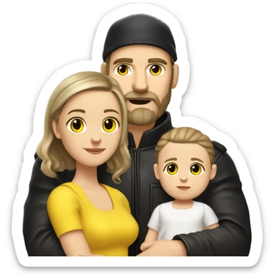 White-skinned slavic man with stubble, gray beard, brown hair, black eyes, black Reebok cap, leather jacket, holding infant girl in yellow dress with yellow bow. sticker