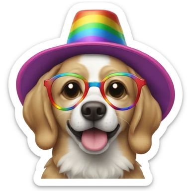 The dog is crying, wearing funny glasses, with a clown nose, and a rainbow-colored hat sticker