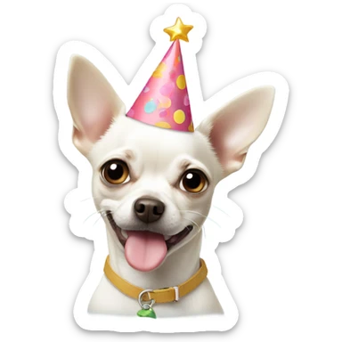 White chihuahua wearing a birthday hat sticker