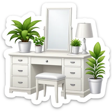 clean modern teenage bedroom with white furniture, white bed, white desk, white vanity, and potted plants sticker