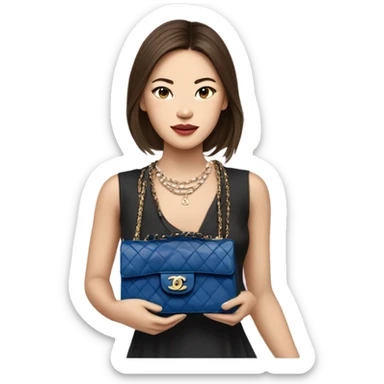 Realistic brown hair blue eyes Chanel Asian Girl with Birkin bag and Chanel necklace sticker
