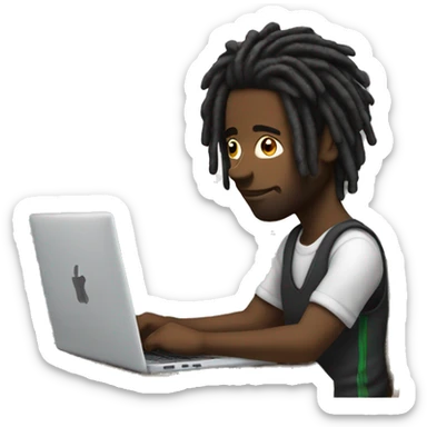 Black guy with dreads-sitting-down-on-chair facing right-handsided -focused-on-laptop-computer  sticker