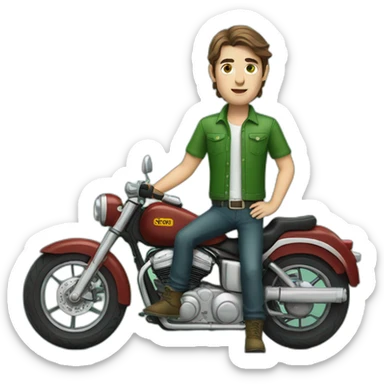 white skin men with brunette hair and green eyes in a green motorbike sticker