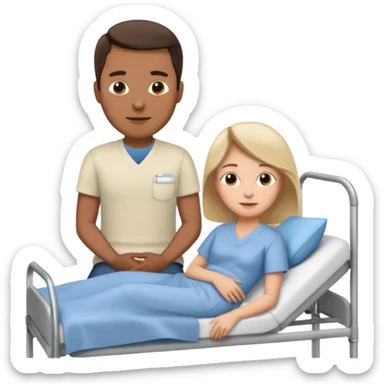 husband in plainclothes sitting beside hospital bed of wife sticker