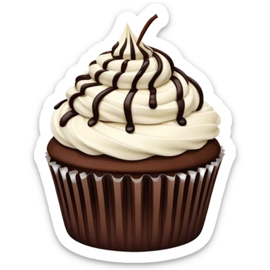 Chocolate cupcake with flat white frosting and chocolate drizzle sticker