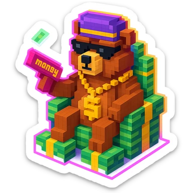 Russian grizzly bear with a rapper chain and a money gun, sitting on a throne of cash, with a neon glow effect sticker