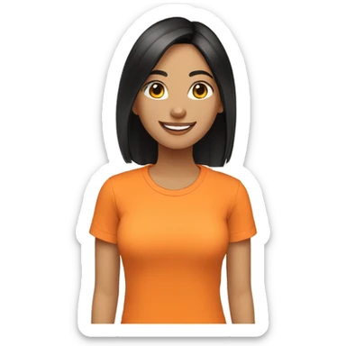 happy woman, black straight hair, light skin color, orange t-shirt, do it peace and love simbol with her hands sticker