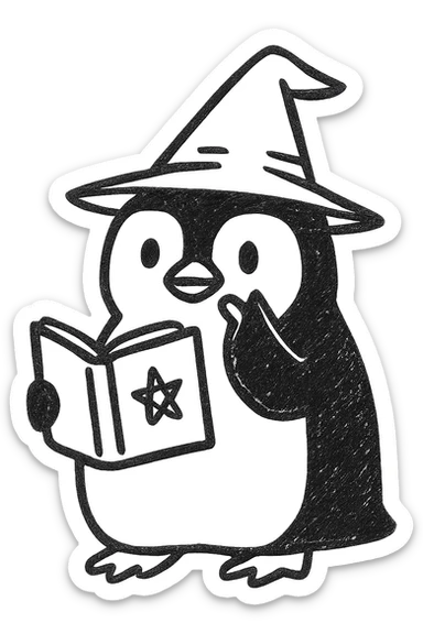 Transform the penguin wizard into a hand-drawn sketch style with one flipper raised to its beak in a thoughtful, thinking pose. Keep the pointed hat and spellbook. Preserve the transparent background. sticker