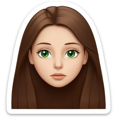 Female face emoji. Straight long brown hair, fair skin, green eyes, neutral expression, closed lips, minimal makeup sticker